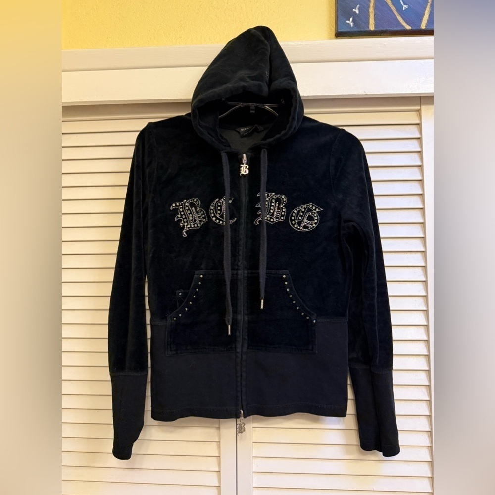 Vintage Y2K BCBG MAXAZRIA Studded Velour Black Hoodie Jacket